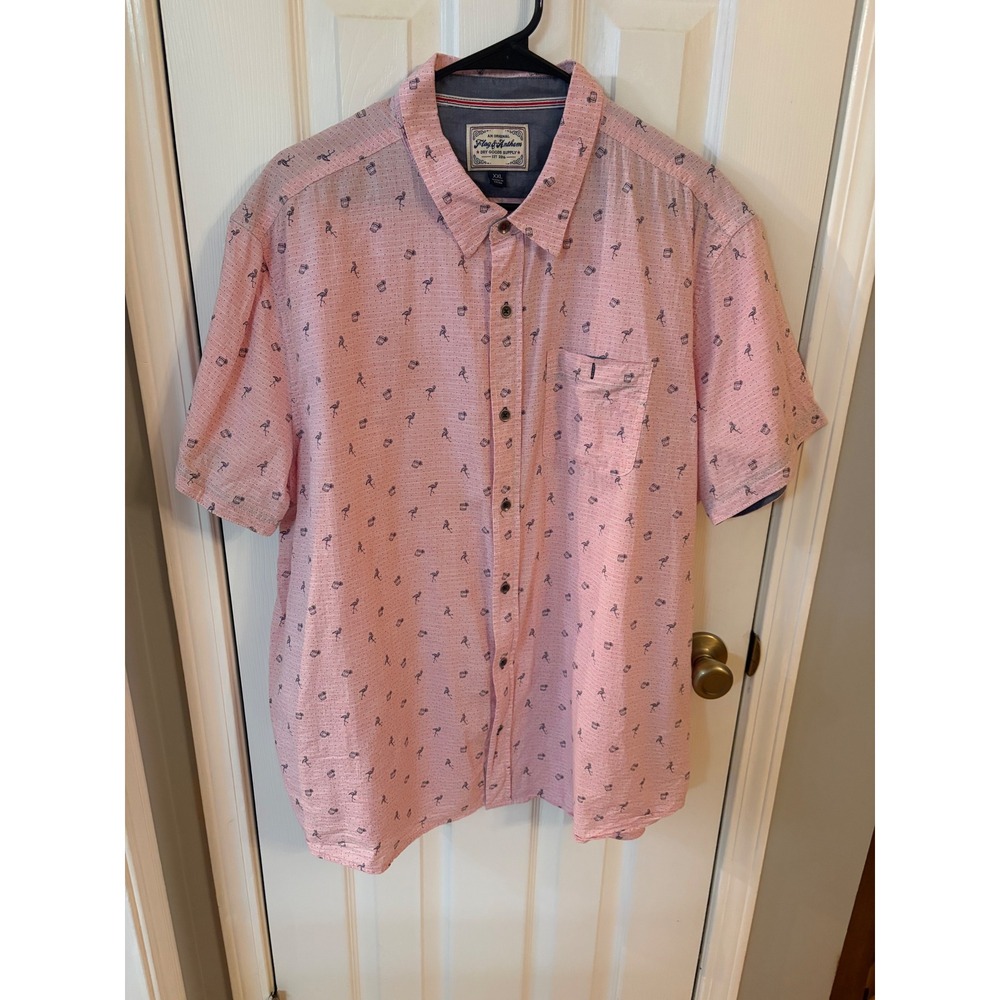 Flag & Anthem Button Down Mens XXL Pink Flamingo Cocktail Short Sleeve Shirt